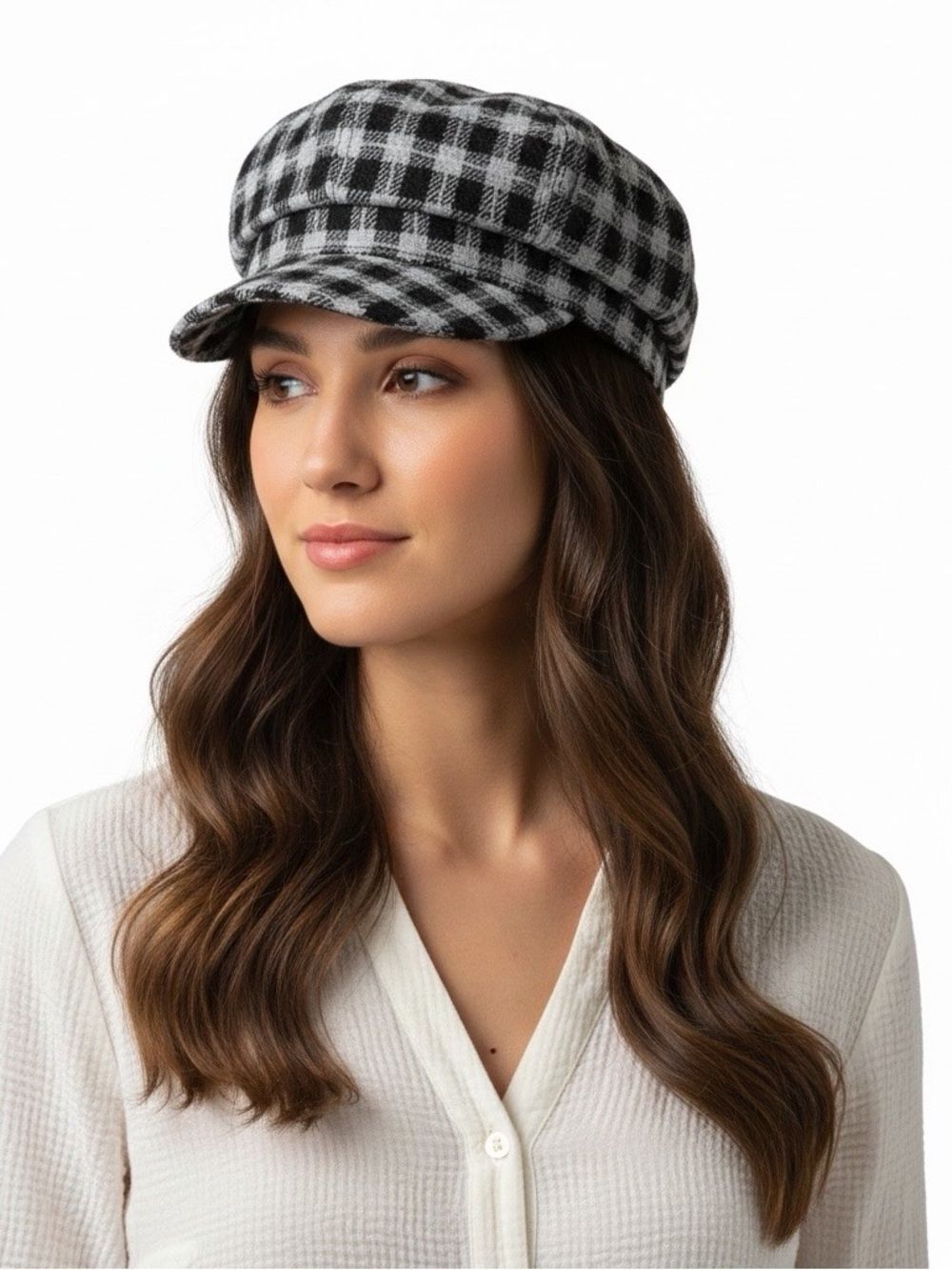 Plaid Gray Black Tweed Newsboy Cap Cabbie Hat NWT